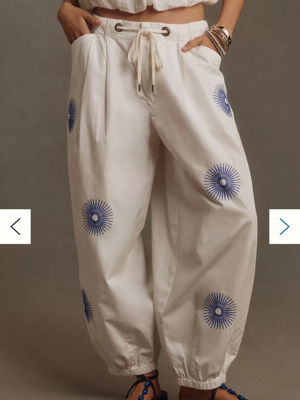 Pilcro White Jogger Pants with Navy Sunburst Embroidery